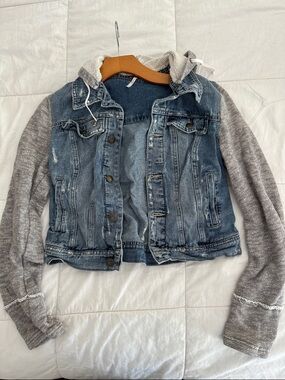 Free People - S - Denim Jacket with Knit Hoodie Sleeves - Blue & Gray
